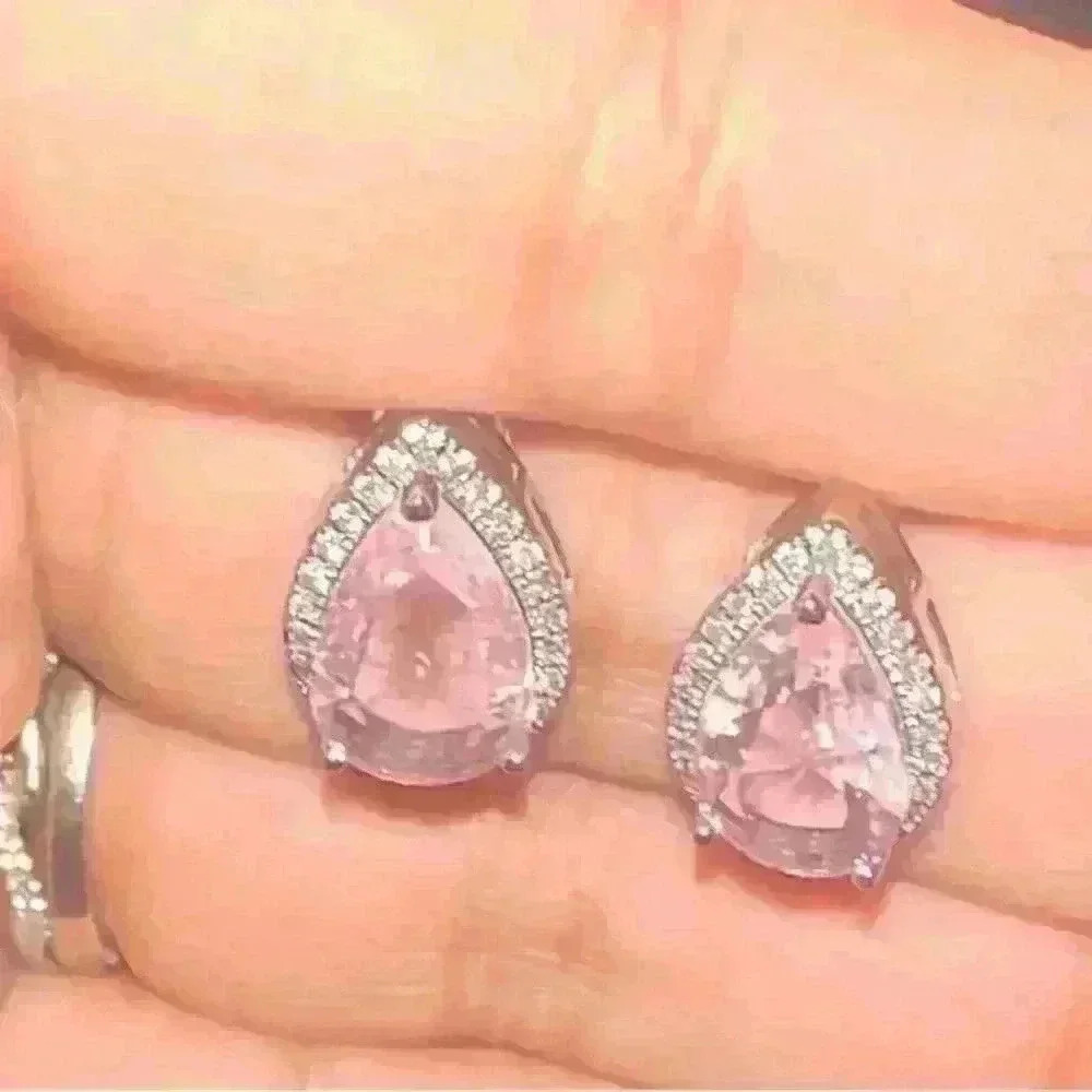 NEW-Pink Teardrop Crystal Stud Earrings with Halo Accents